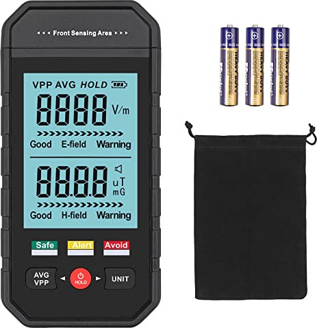 XUNTOP EMF Meter Reader EMF Detector Handheld Digital Electromagnetic Field Radiation Detector with LCD Backlight Sound-Light Alarm Max Average Value Lock for Home Office Industrial Site