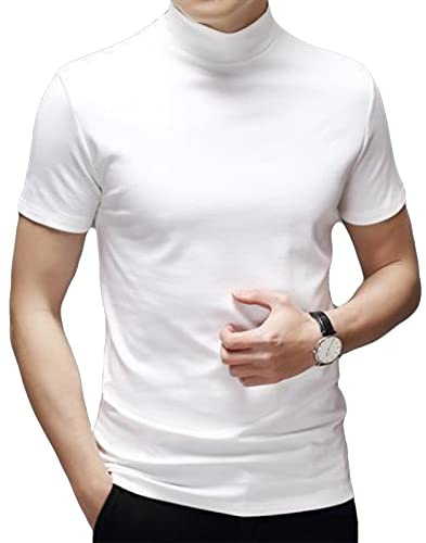 Ophestin Men's Casual T Shirt Slim Fit Basic Tops Knitted Thermal Turtleneck Pullover Sweater Mock Turtleneck Shirts White M