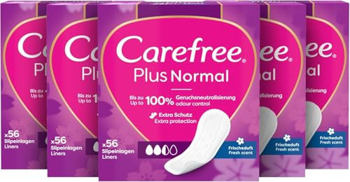 CAREFREE Slipeinlagen Plus Normal mit Frischeduft (5 x 56 Stück), super saugstark, um Flüssigkeiten sofort einzuschließen
