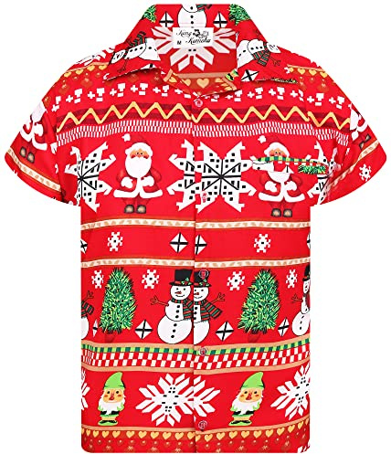King Kameha Funky-Chemise-Hawaienne, Noël, Manche-Courte, Christmas-Rows, Rouge, XL
