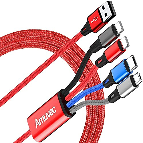 Amuvec Multil kabel [3A 1,2 M], 4-i-1 Flätad USB-snabbladdningskabel med 2 iP Micro USB Type C-kontakt för Samsung Galaxy S24 S22 S20 S9 Plus, Huawei, Sony, Moto, Xiaomi, LG, PS5