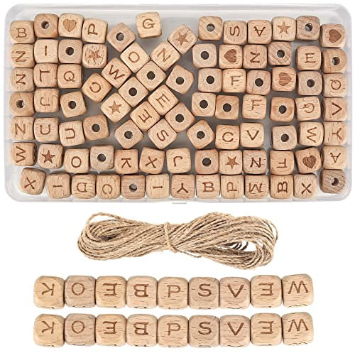 ywchoshe 90 Stk Holzbuchstaben Perlen, Buchstabenperlen Holz, 12mm Natur Holz Holzperlen zum Basteln mit Buchstaben, A-Z Alphabet Holzperlen Würfel für Namen Armband Halskette Haarband Schmuck