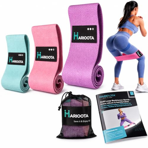 MARIOOTA Lange Stoff Fitnessbänder 3 Verschiedene Widerstandsbänder Set Tragebeutel mit Griffen & Türanker, Resistance Bands für Männer/Frauen (BLAU - ROSA - LILA, Resistance Hip Bands)