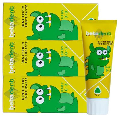 Betadent KIT 3 DENTIFRICIO BABY PER BAMBINI DA 0 A 3 ANNI. Senza Fluoro. Gusto Pera. Azione Antiplacca, facilita la dentizione. Formulazione naturale. 3x75ml