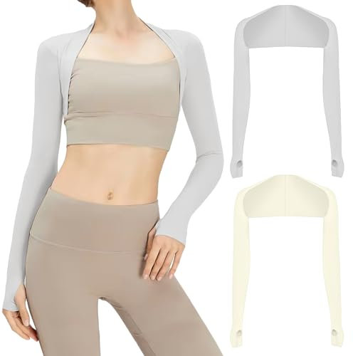2 Stück UV-Schutz Bolero,Damen Sonnenschutz Schal Armstulpen,Eisseide Kühlschal Armmanschetten mit Fingerlöchern,Für Golfen Reiten Laufen Bergsteigen,Ange Outdoor Aktivitäte,Einheitsgröße(Weiß,Grau)