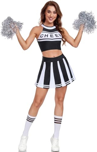 Hotfiary Cheerleader Costume Women, Cheeleader Outfit Musical Uniform with Matching Pom Poms and Socks, 2Pcs Women Cheerleading Crop Tops and Mini Skirts Set for Halloween Dress Up Cosplay