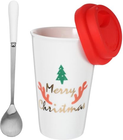 SHOWERORO 1pezzi Tazza Ceramica Natalizia Senza Manico Con Coperchio Silicone Mug Da Caffè Decorata Con Motivo Di Albero Di Natale Per Ufficio e Casa Per Festività