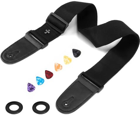 MxyVrix Verstellbarer Gitarrengurt aus Baumwolle,Bass Gurt, Schwarz Gitarrengurt, 5 cm Breite, für Bass, E-Gitarre und Akustikgitarre, mit PU-Lederenden und Zubehör