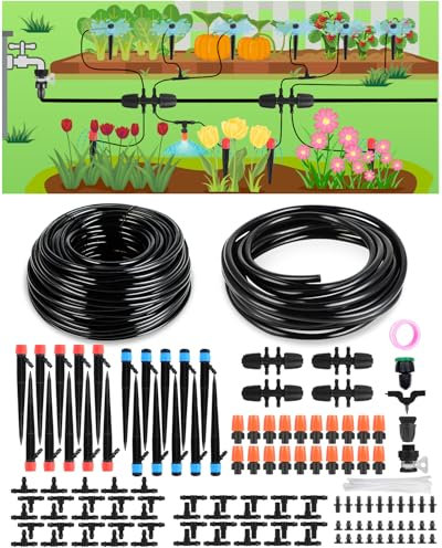 Système d'irrigation goutte à goutte pour arrosage de jardin : arroseur brumisateur de 70 m avec tuyau d'arrosage pour plantes d'intérieur et d'extérieur, parterres de fleurs surélevés, pelouse,
