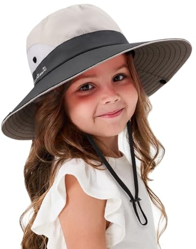 DRESHOW Baby Solhatt Småbarn Utomhus Vikbar Mesh med Bred Skärm Fiske Hästsvans Solskydd Hattar Sommarhatt med Hakrem för Barn Flickor 3-8 År