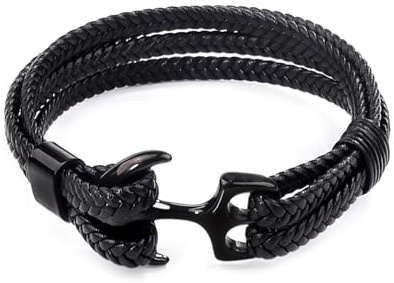 Lantine rostfritt stål ankare armband män läderarmband män svart för make far son 21 cm, Läder, Ingen ädelsten