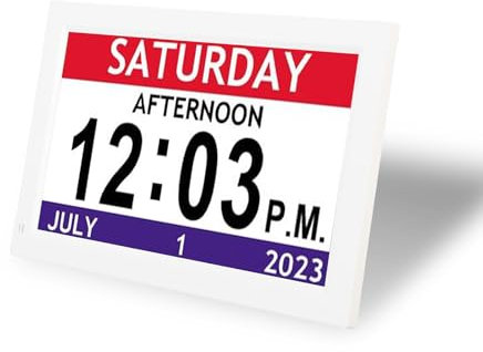 Display di Grandi Dimensioni da 7 Pollici Orologio Digitale con Data, Giorno e 12 Allarmi Personalizzati - Orologio Calendario Auto -bighellone per Anziani, Demenza, Soggiorno
