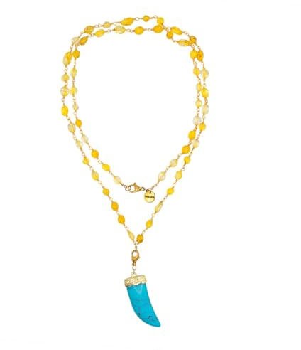 MARARDI Kette Damen [Diana Cuarzo] Italienische Charm Keramik aus Caltagirona - Halskette mit Naturstein Citrinquarz 80 cm Lang Handmade Elegant Original für Alltag und Besondere Anlässe