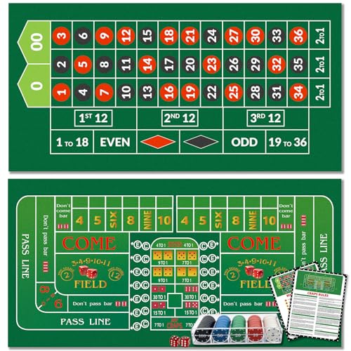 Double Sided Roulette & Craps Table Top Mat - 36x72 Professional Casino Felt Layout for Poker Table Cover, Poker Night, Dice Games and Casino Theme Parties With 100 Chips and Instructions