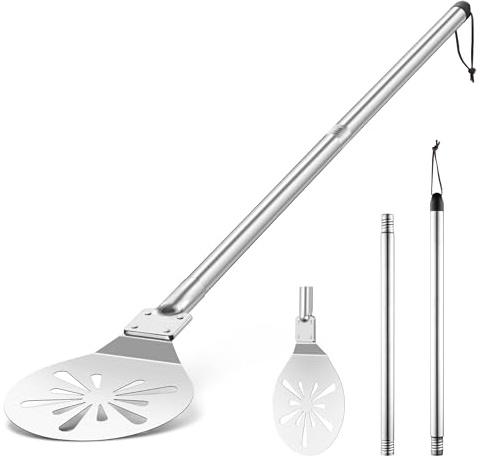 Herogo pizzaspade 18 cm rostfritt stål pizzaspade rund pizzaspade | Perforerad pizzasvarv, rund metall pizzaspade med långt avtagbart metallhandtag, lätt att rengöra, 17,8 x 19,5 x 115,5 cm