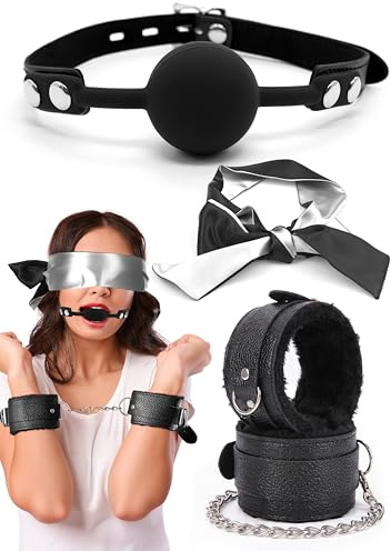 Fluffy Padded Cuffs Handcuffs for Grownups, Adjustable Silicone Mouth Ball Plug for Women, Soft Satin Eye Mask