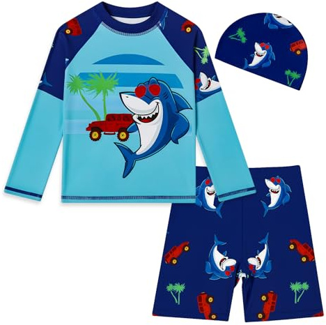 MASOCIO Traje de Baño Niño 3 Piezas Bañador Camiseta Agua Surf de Manga Larga Pantalones Cortos y Gorra Bebe Proteccion Solar UV UPF 50+ Secado Rapido Natacion Piscina Playa 18-24 Meses Multicolor 4