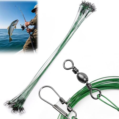 KIMHOME Lot de 20 hameçons de pêche verts de 20 cm avec bas de ligne (test de 22,7 kg), fil anti-morsure robuste en acier au carbone résistant à la corrosion, aiguisé pour brochet, poissons prédateurs