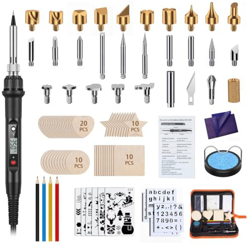 Margolongte Pyrography Kit, 96PCS Wood Burning Kit with LCD Display Pen, 100W 200℃-500℃ Adjustable Temperature, 28 Tips, 50 Wooden Pieces, 10 Stencils for Wood Carving Embossing Soldering