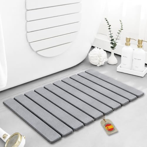 RM Pro® Alfombra Diatomita Baño, 60x40cm, Plegable, Piedra Natural Tierra de Diatomeas Antideslizante, Secado Rápido, Ultra Absorbente, Antibacteriana, Alfombrilla de Ducha (Gris Claro)