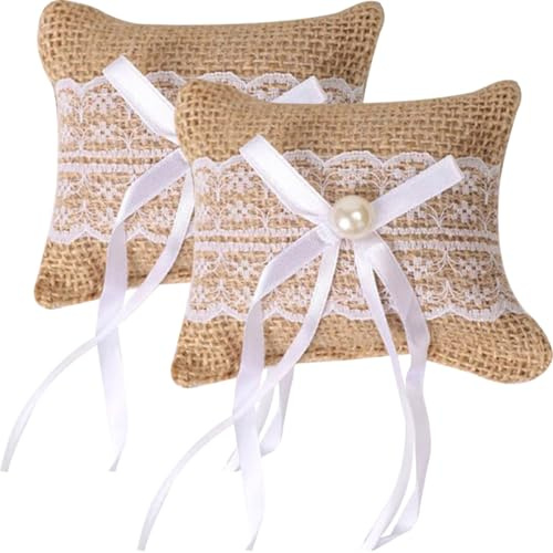 GANAZONO Coussins pour Alliances Mariage en Lin Lot de 2 Dentelle pour Demoiselle d'honneur Cérémonie Porte-Bague Décoratif