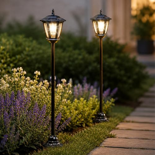 Garden Mile Set of 2 Solar Powered Lamp Post Lights 1.1m Outdoor Garden Lantern for Outdoor Lighting Waterproof Victorian Lanterns with Stake & Base for Pathway, Driveway, Patio & Garden