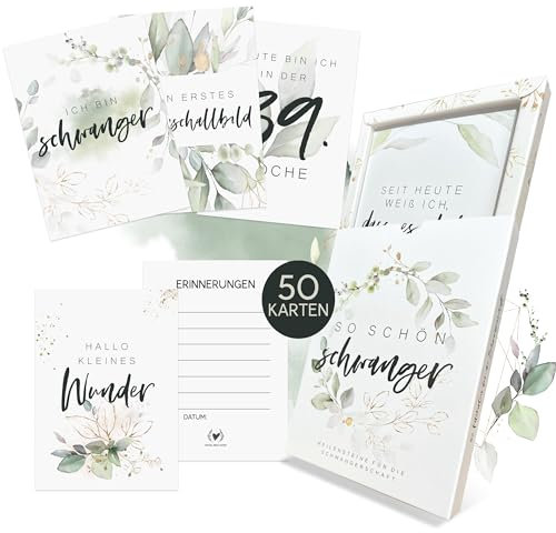 HIMMEL.HERZ.PAPIER® Meilensteinkarten Schwangerschaft - Geschenk für Schwangere - 50 Karten inkl. Geschenkbox - So schön schwanger