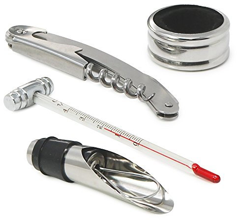 COM-FOUR® set 4 pezzi per sommelier, set regalo in una raffinata scatola di metallo per gli amanti del vino - apribottiglie con cavatappi, anello antigoccia (04 pezzi in confezione regalo)