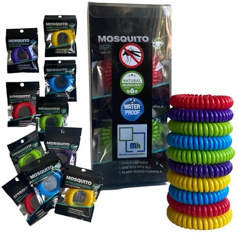 Braccialetto Antizanzare, Braccialetti Repellenti per zanzare, Confezione da 10 sacchetti Individuali. Naturale senza DEET, oli essenziali a base di citronella. Non tossico.