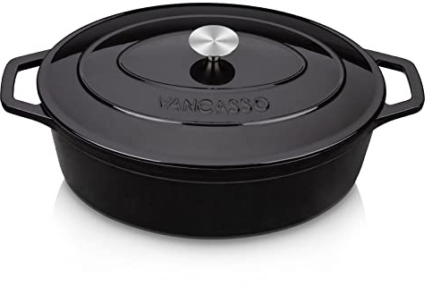 vancasso Enameled Cast Iron Oval Dutch Oven, 9.3 Quart with Non-Stick Enamel Coating for Bread Baking, Black Double Handle Pot with Lid
