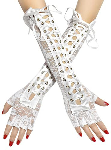 MoreChioce 1 Paar Lange Damen Spitzenhandschuhe, Blumen Brauthandschuhe Retro Punk Handschuhe Spitze Handstulpen Abendhandschuhe Party Verkleidung Netzhandschuhe Kostüm Accessoires,Weiß