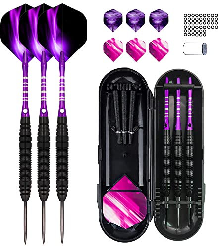Jiahuade Dartpfeile mit Metallspitze, 3 Stück 22 Gramm Profi Steeldarts, Steel Dartpfeile Set 3 Aluminium Schaft mit 9 Flights, 50 Anti-Lose Gummiringe und 1 Dart Tool Sharpener (Lila)