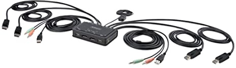 StarTech.com KVM Switch DisplayPort a 2 porte per doppio monitor 4K 60Hz, KVM con cavi USB-A/DisplayPort/Audio da 1,5 m, alimentato da bus - Pulsante remoto/commutazione hotkey (C2-DD46-UA2-CBL-KVM)