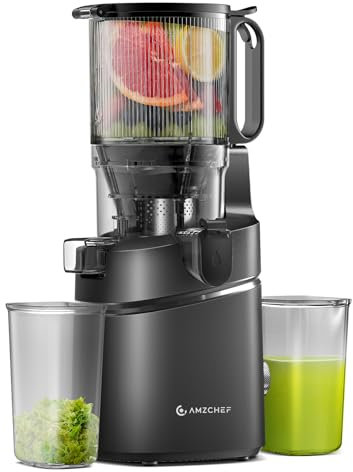 AMZCHEF Extractor de Zumos y Verduras Automático, 135MM Apertura y 1.8L Capacidad Licuadora para Verduras y Frutas Entera, 250W Licuadora Prensado en Frio Lento con Triple Filtro - Negro
