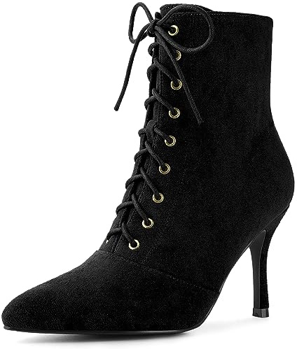 Allegra K Women Pointy Toe Stiletto Heels Side Zip Lace Up Ankle Boots | ABS heel. Comfortable fit. Side zip closure. Lace up detail. Pointy toe. Stiletto heel. Office, party