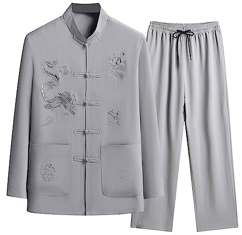 Darringls Ensemble de costumes Kung Fu pour homme - Costume chinois - Hanfu - Arts martiaux - Chemise - Pantalon traditionnel - Wing Chun Taichi - Uniforme Aznug, gris, M