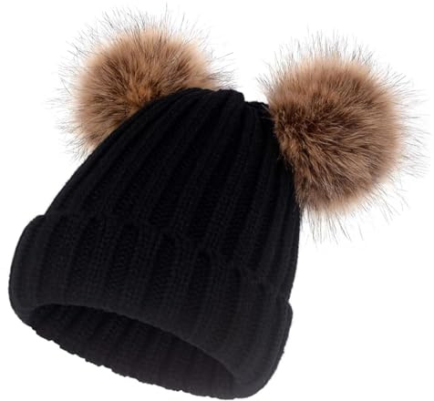 SERENYOU Women Winter Knitted Bobble Beanie Hat with Double Faux Fur Pom Pom Black