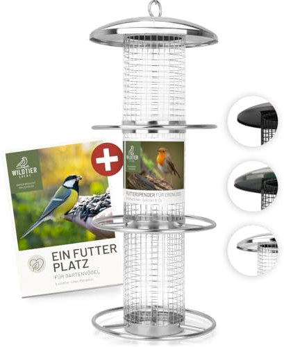 wildtier liebe Vogelfuttersäule Edelstahl 35cm, Silber - Erdnussfutterspender aus rostfreiem Edelstahl, Vogel Futterstation, Futtersäule, Nüsse Erdnüsse, Wildvögel Futtersilo