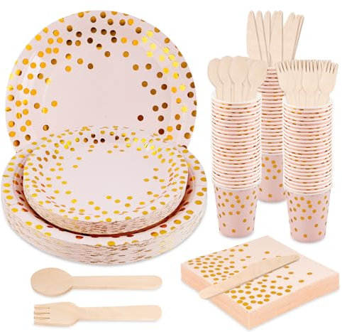 Anstore Pappteller Set 200 Stück ​Einweggeschirr Rosa, Papier Geschirr Set mit Holzbesteck, Becher Servietten Rosa, 25 Gäste Hellrosa Partygeschirr Set für Mädchen Geburtstag, Hochzeiten, Weihnachts