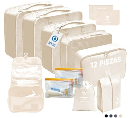 Organizador Maleta Viaje de 12 Piezas - Organizadores de Maletas Impermeables - Packing Cubes - Separadores de Ropa Compactos para Equipaje - Bolsas Organizadoras para Mochila de Cabina (Beige)