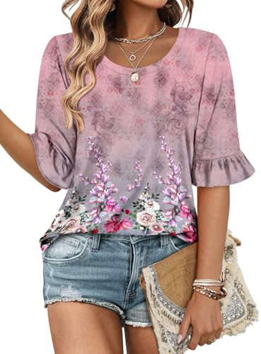Magritta Women's T-Shirts Short Sleeve Loose Fit Shirt Casual Crew Neck Blouse Cute Going Out Tops Clothing Trendy Pink Small