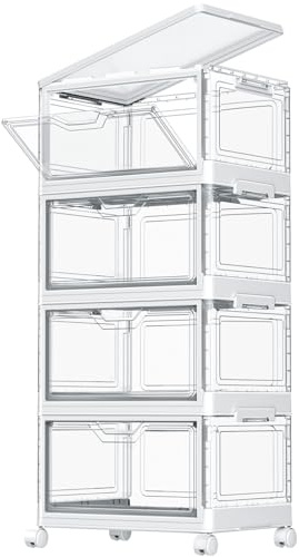 TidyTrove Storage Boxes with Lid - 23L*4 Plastic Storage Box with Front Door, 4 Tier Stackable Boxes, Plastic Drawers, Large Storage Box with Lid for Kitchen Storage & Organisation | Stackable Storage Boxes with Wheels, Plastic Storage Drawers, Large Storage Box with Lid for Kitchen Storage & Organisation