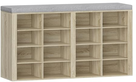 Hzuaneri Banc à Chaussures, Support à Chaussures avec Siège, Banc avec Rangement, Coussin, 16 Compartiments, pour Salon, Couloir, Chambre, Chêne SB25616GY