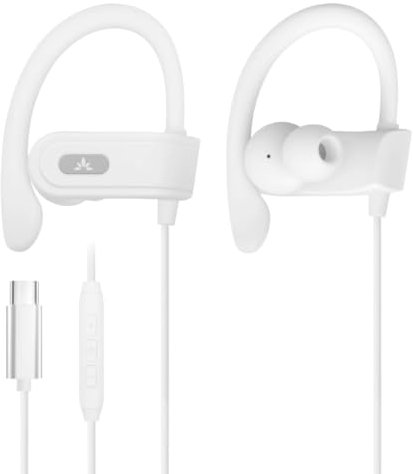 Avantree C171 - Auriculares USB-C con micrófono & Control de Volumen, compatibles con iPhone 15 & 16, teléfonos Android Type-C, Auriculares con Gancho para Deporte & Correr - Blanco