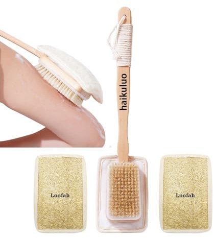 haikuluo Shower Body Brush with Bristles and Loofah,Back Scrubber for Shower for Bath or Dry Brush,Back exfoliating Body Scrubber Shower Scrub Brush Long Handle for Women and Men
