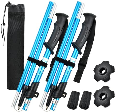 Bâtons de Randonnée 2 PCS, Baton de Marche Nordique, 110-130 cm Baton de Marche Pliable Antidérapant, Bâtons de Trekking Telescopique Retractable Légers pour Homme & Femme Alpinisme Camping (Bleu)