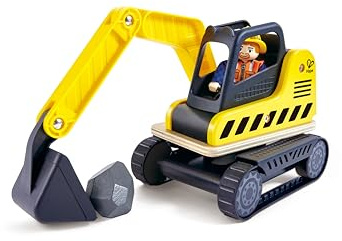Escavatore scava e raccogli| Escavatore giocattolo in legno !| Con torretta rotante a 360°, pala mobile, operaio e vano portaoggetti | Veicolo educativo da costruzione per bambini