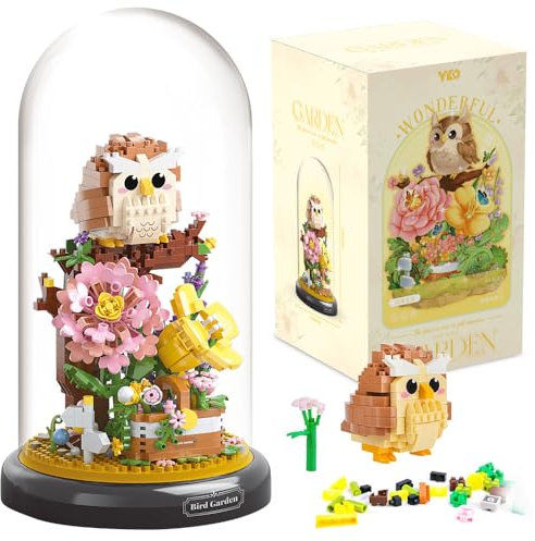 Lotvic Klemmbausteine Blumen Eule, Eule Bauspielzeug, Blumenstrauß Bausteine Bausatz, Blumen Bausteine Set mit Staubdichter Kuppel Sockel, Kreatives Spielzeug für Kinder ab 6 Jahren, Geschenkidee