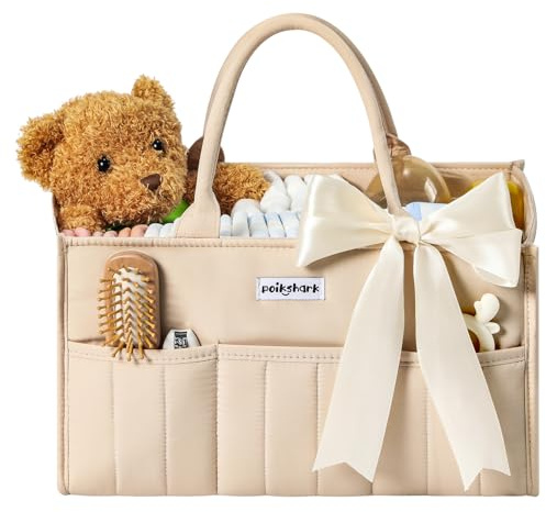 POIKSHARK Baby Diaper Caddy - Stylish Basket for Newborn Essentials, Nursery Storage Bin and Car Organizers for Diapers and Wipes, Gift for Baby Shower, Cream