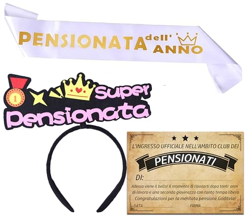 MKISHINE Kit Regalo Pensione Donna – Fascia Pensionata+ Tiara Super Pensionata + Biglietto Auguri Pensione – Gadget Divertenti Decorazioni Festa di Pensionamento